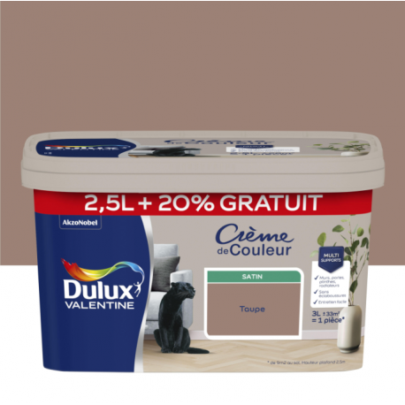 Peinture mur, bois taupe satin DULUX VALENTINE Crème de couleur 2.5L+20% gratuit