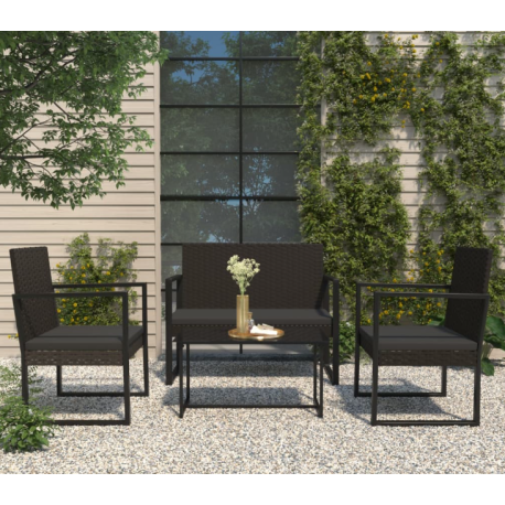 Salon de jardin 4 pcs avec coussins Noir Résine tressée