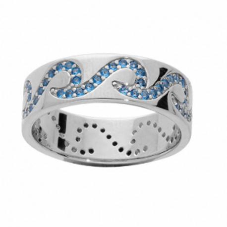 BAGUE ARGENT RHODIE ANNEAU VAGUES OXYDES BLEUS SERTIS